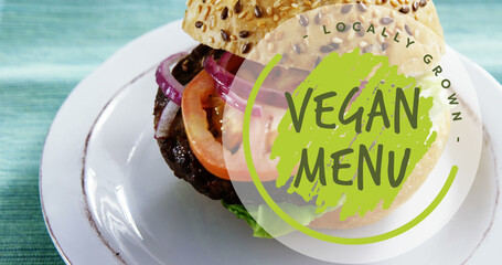 Composite of vegan menu text over vegan burger on white plate