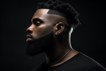 A handsome young black man with black hair shaved down the side of head - obrazy, fototapety, plakaty