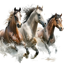 Obraz na płótnie Canvas two horses white and brown running gallop from a splash of water on transparent, generative AI