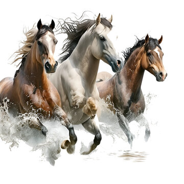 two horses white and brown running gallop from a splash of water on transparent, generative AI © iqra