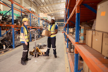 Top view of two warehouse workers pushing a pallet truck in a shipping and distribution warehouse.