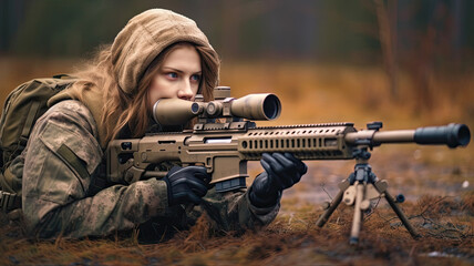 Fototapeta premium photo of woman soldier holding a gun, sniper.Generative ai