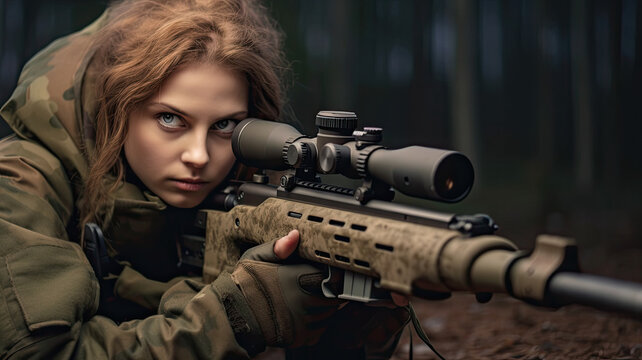 photo of woman soldier holding a gun, sniper.Generative ai