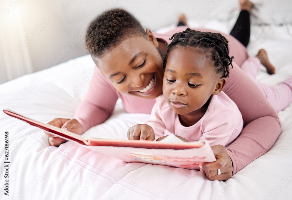 Sticker Book, reading and mother with child in bed for learning, bond and fantasy at home. Storytelling, family and parent with girl in a bedroom with notebook for literature, relax and fun in their house