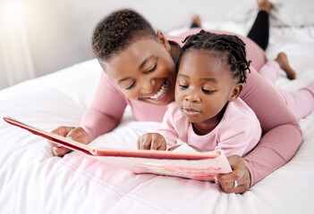 Book, reading and mother with child in bed for learning, bond and fantasy at home. Storytelling,...