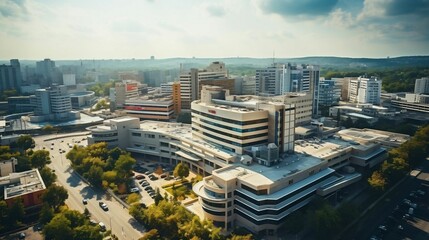 Striking hospital complex, dynamic urban landscape, vibrant colors