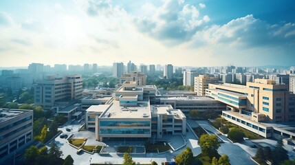 Striking hospital complex, dynamic urban landscape, vibrant colors