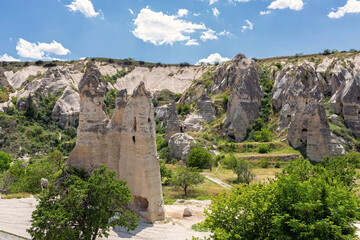 Fototapeta na wymiar Goreme Open Air museum. Rocks with caves, canyon near famouse medieval monastery. Cappadocia, Turkey