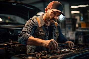 Close-up of a car mechanic in a service center picking up a new battery to replace the car. for cars that use the service Replace the battery at the store generative ai