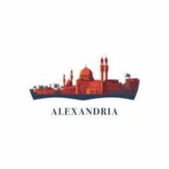 Fotobehang Egypt Alexandria ancient city landscape skyline logo with landmarks. Panorama vector flat shape abstract Egyptian simple icon emblem with mosque © Anastasiia