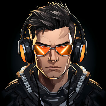 Modern game avatar. Mascot sport logo design. Gamer head illustration logo. large headphones. Male haracter for sport and gaming logo concept. Dark sci fi abstract background. Ai generative
