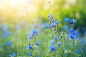 Beautiful blue wildflowers in nature outdoors with soft light