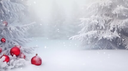 Fototapeta na wymiar Beautiful festive Christmas snowy background,Christmas trees bauble,red balls snowy theme wallpaper background
