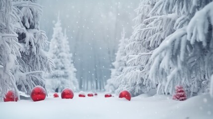 Beautiful festive Christmas snowy background,Christmas trees bauble,red balls snowy theme wallpaper background
