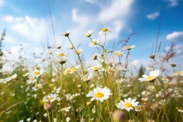 Beautiful field meadow flowers chamomile,white daisy against the blue sky