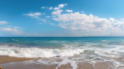 Fototapeta na wymiar Beautiful panoramic seascape with surf waves against the blue sky