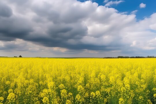 Beautiful panorama of a flowering rapeseed field against blue sky