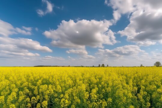 Beautiful spring landscape with meadow yellow flowers and blue sky