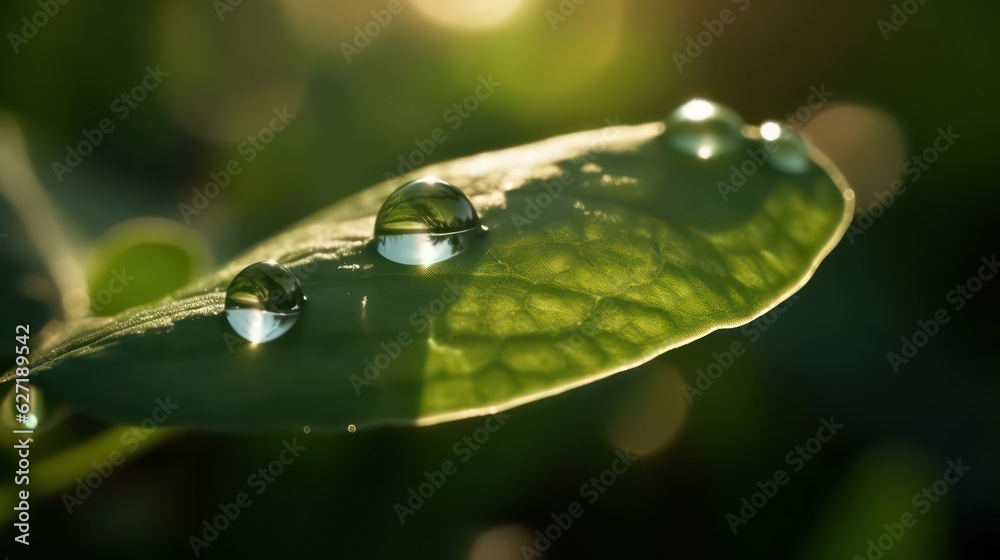 Poster Beauty transparent drop of water on a green leaf macro with beautiful reflect sunlight