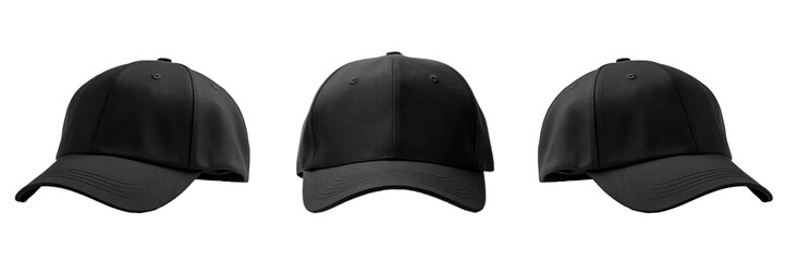 Blank black baseball cap in three different views, mockup, isolated, white background, generative ai