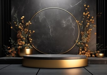 Abstract realistic 3D black cylinder pedestal podium with black and golden. Luxury black friday sale scene for product display presentation. AI Generative.