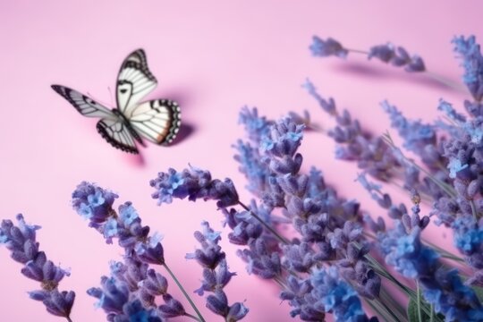 Delicate purple lavender flowers and butterflies close-up view