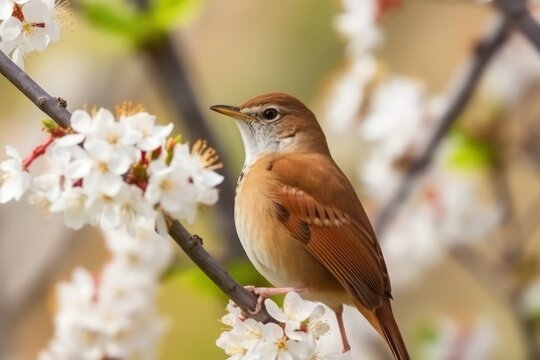 Delightfully beautiful nightingale bird on a flowering