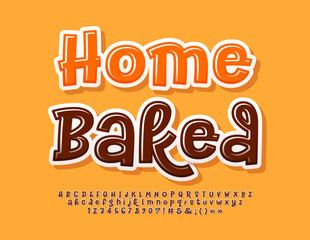 Vector playful logotype Home Baking. Glossy Brown Font. Bright Alphabet Letters and Numbers set.