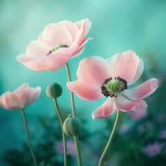 Gently pink flowers of anemones outdoors in summer spring