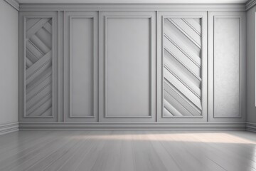 Light gray wall with decorative panels and wood flooring
