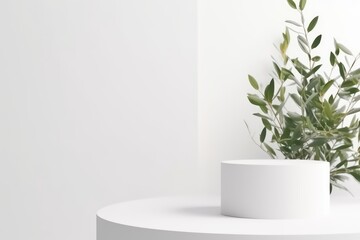 Light grey minimal geometric background with pedestal. Mockup with green plant pot