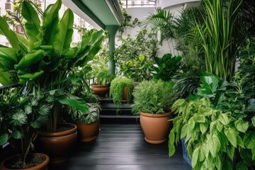 Fototapeta na wymiar Beautiful green lush indoor plants on the terrace