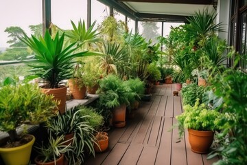 Fototapeta na wymiar Beautiful green lush indoor plants on the terrace