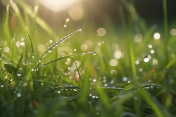 Grass with sparkling dew with sunlight in morning fresh vibe