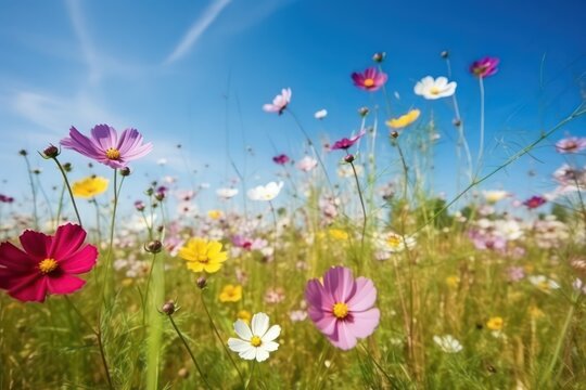 Multicolored cosmos flowers in meadow in spring summer