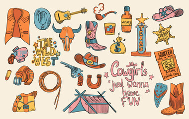 A set of elements of a cowboy theme. Vector illustration, doodle. Includes elements such as a wanted list, a sheriff s badge, a revolver, a horseshoe, alcohol, a bag of days, a smoking pipe - obrazy, fototapety, plakaty