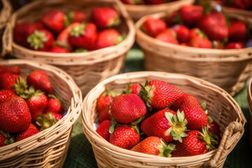 several baskets of organic strawberries background