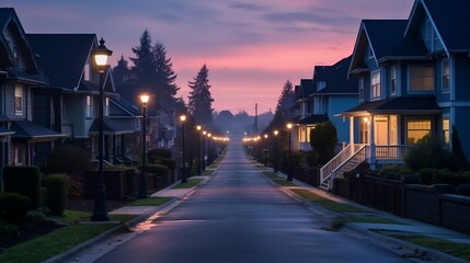 Naklejka premium Captivating twilight: suburban serenity, tranquil color style