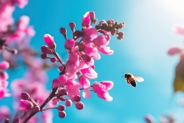 Spring flowers in nature. Blooming pink Cercis tree and bee