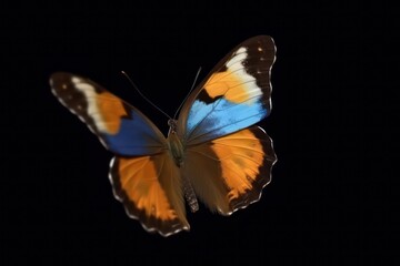 Very beautiful blue yellow orange butterfly in flight isolated on transparent background