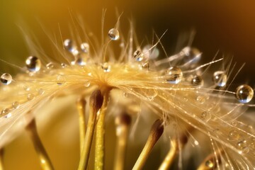 Water drops on dandelion seed macro in nature in yellow theme color