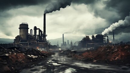 Fototapeta na wymiar Striking industrial site: towering smokestacks, monochromatic power