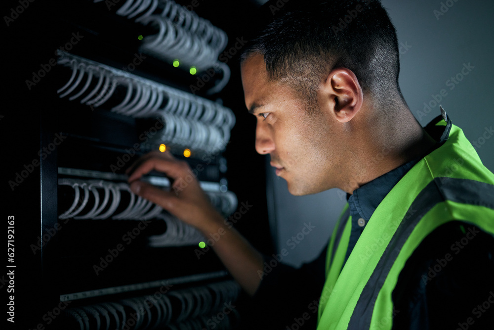 Poster Technician man, server room and inspection for cables, thinking and focus for analysis, night and programming. Information technology engineer, maintenance and database with problem solving mindset