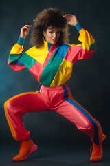 Sporty woman in colorful fitness outfit 80s retro fashion model poses gym concept