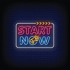 Neon Sign start now with brick wall background vector