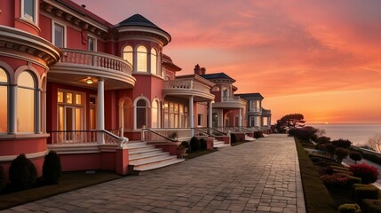 Fototapeta premium Captivating sunrise: dreamy, delicate home exteriors
