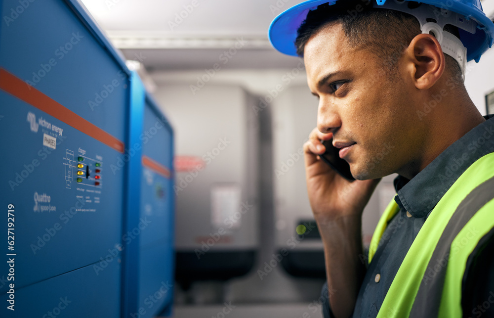 Poster phone call, man and technician working in control room or engineering service on switchboard, power 