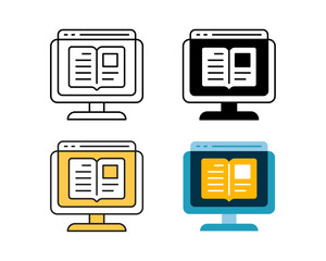 e-book icon on monitor vector design in 4 style line, glyph, duotone, and flat.