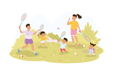 Obraz na płótnie Canvas Family Playing Badminton with Children on Green Meadow in Park Vector Illustration