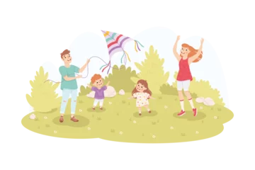 Fotobehang Family Playing Kite with Children on Green Meadow in Park Vector Illustration © topvectors